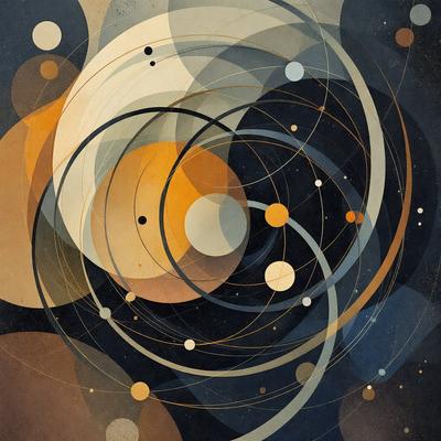 The primary subject of the image is a black and white artwork featuring a series of interconnected circles and orbits. The setting is a dark background, which contrasts with the artwork, emphasizing the shapes and patterns. The visual style is a combination of digital art and illustration, creating a unique and intricate design. The colors and mood of the artwork are predominantly black and white, giving it a modern and minimalist appearance.